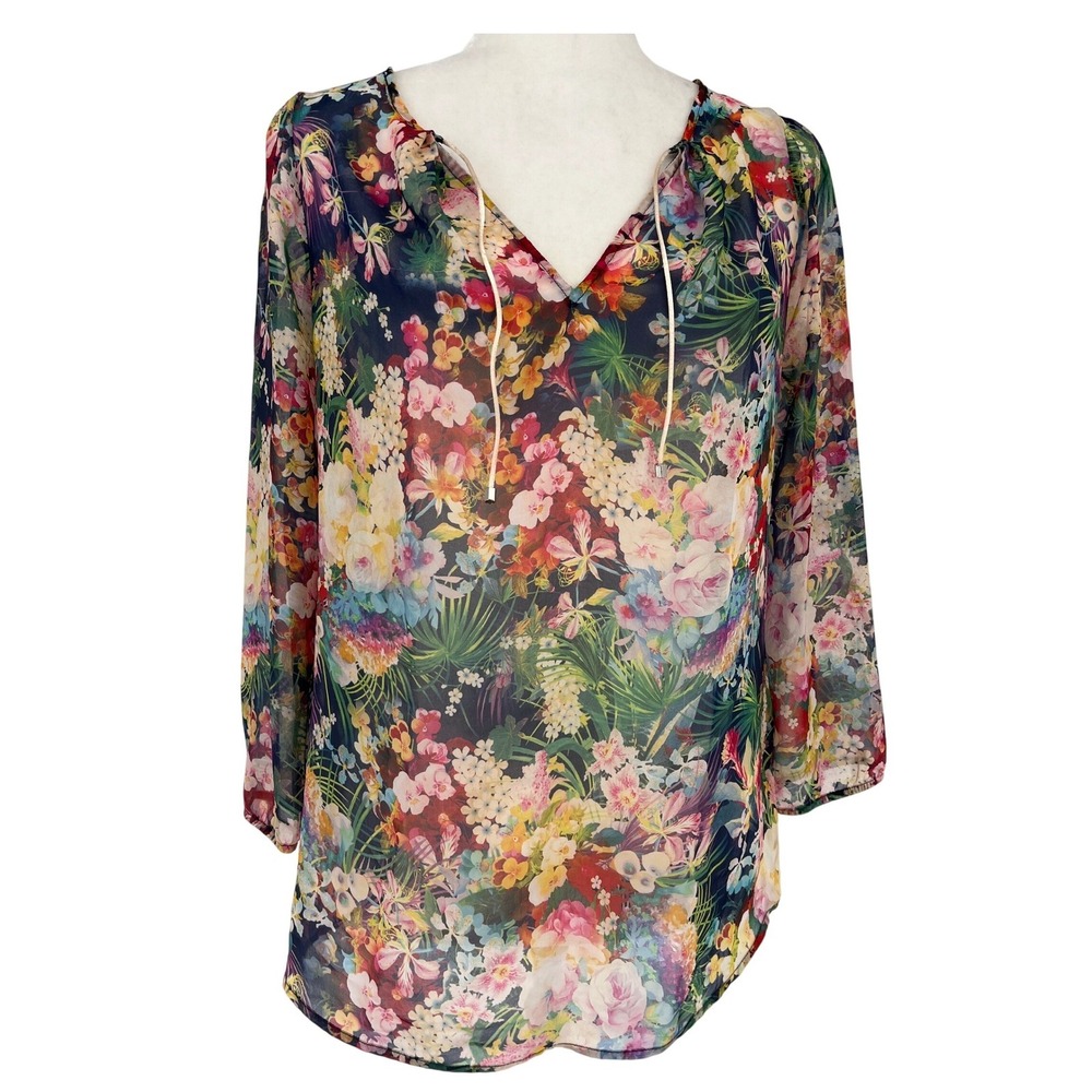 Zara Basic Blouse Womens Small Multicolor Excellent Sheer Floral‎ V-Neck Tie Top